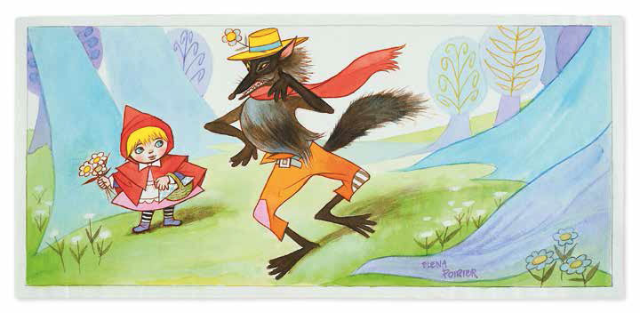 Caperucita Roja se encuentra con el Lobo. Del cuento «Caperucita Roja» recopilado por Charles Perrault. Iniziative Editoriali. Roma, 1970-71. Ilustración, Elena Poirier.