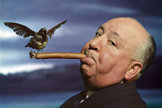 Alfred Hitchcock durante la filmación de «Los Pájaros»